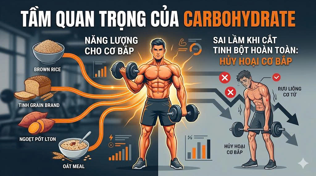 Tầm quan trọng của Carbohydrate: Tại sao cắt tinh bột hoàn toàn là sai lầm hủy hoại cơ bắp?