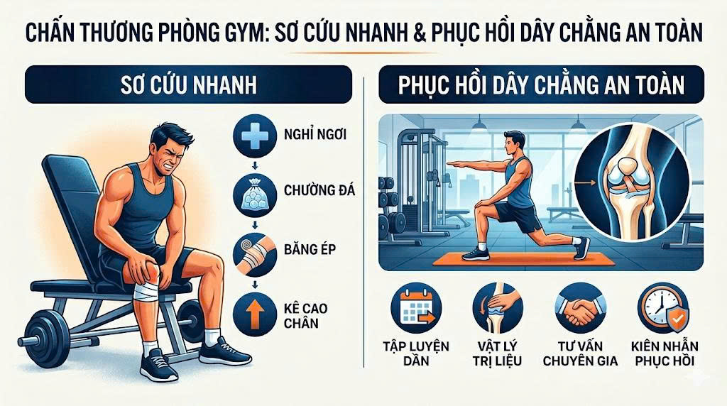 Chấn thương phòng Gym: Các bước sơ cứu nhanh và cách phục hồi dây chằng an toàn