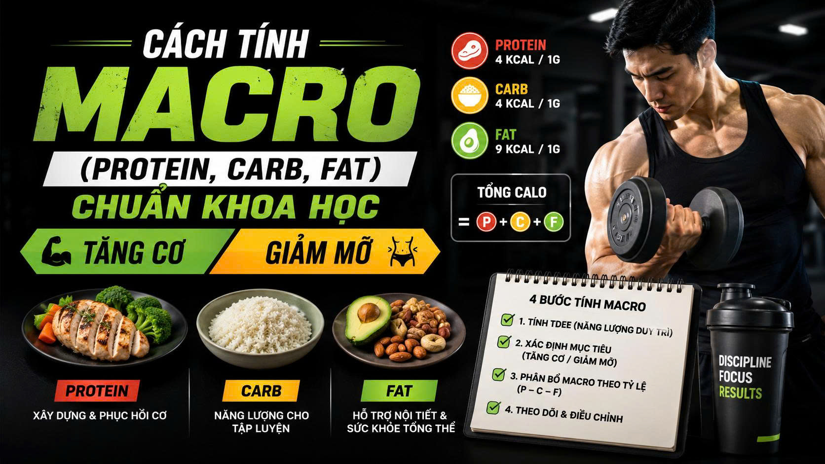Cách tính Macro (Protein, Carb, Fat) chuẩn khoa học để Tăng Cơ - Giảm Mỡ