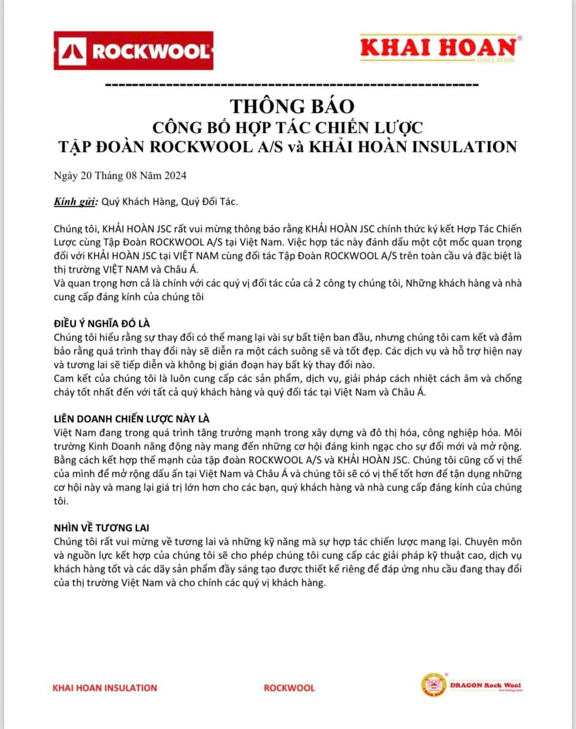 CÔNG BỐ HỢP TÁC CHIẾN LƯỢC TẬP ĐOÀN ROCKWOOL A/S VÀ KHẢI HOÀN JSC