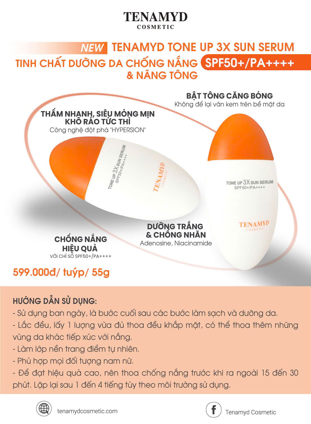 Tinh Chất Chống Nắng Tenamyd Tone Up 3X Sun Serum SPF50+/PA++++ (55g) - Nâng Tông, Dưỡng Trắng, Chống Nhăn