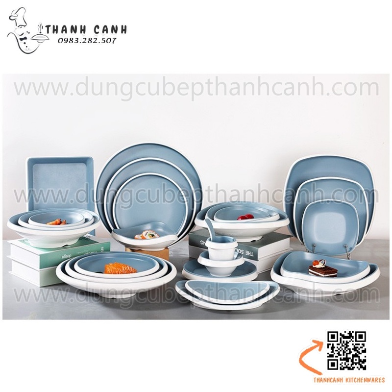 Bộ bát đĩa phíp hai màu trắng xanh trời, bộ chén dĩa melamine phong cách biển xanh