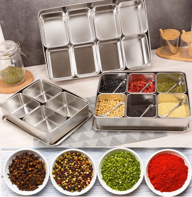 Hộp gia vị inox nắp rời  nhiều ngăn