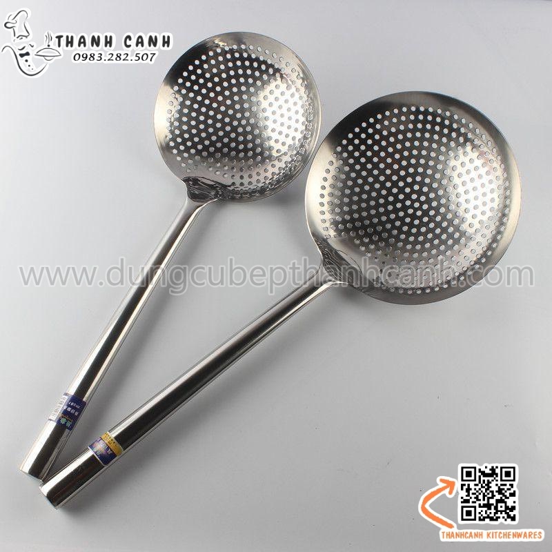 Vợt inox đột lỗ, chao inox đục lỗ cán inox size nhỏ, cán liền chuyên ...