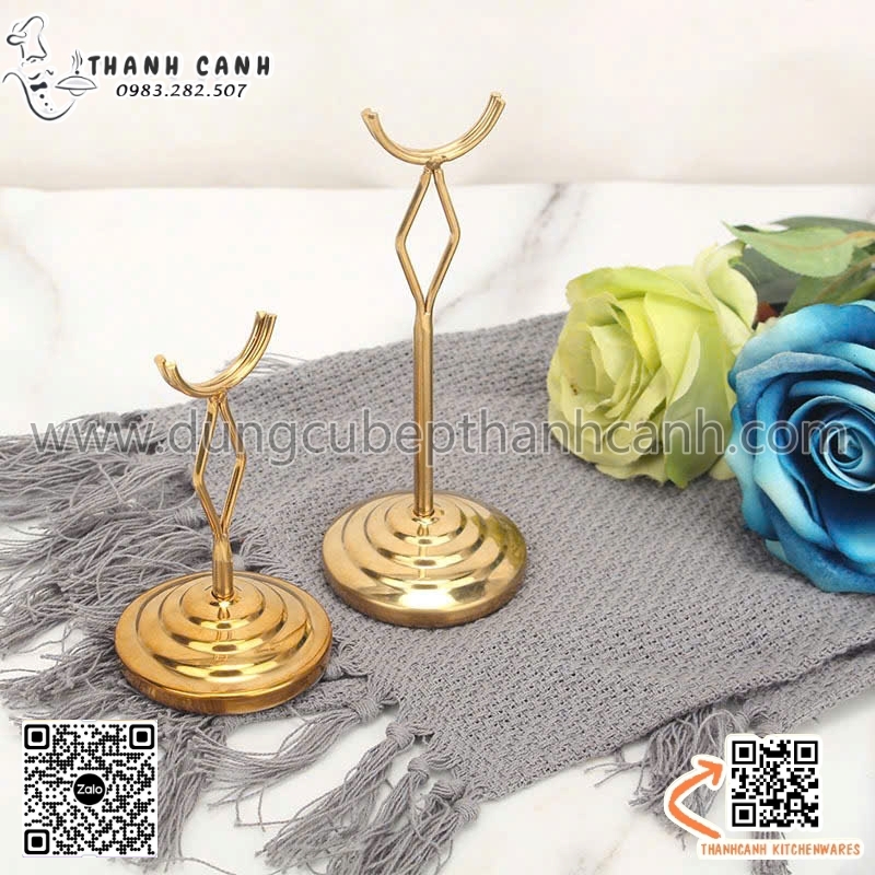chân đế biển tên, kẹp biển tên món, kẹp inox màu vàng, chân đế name tag