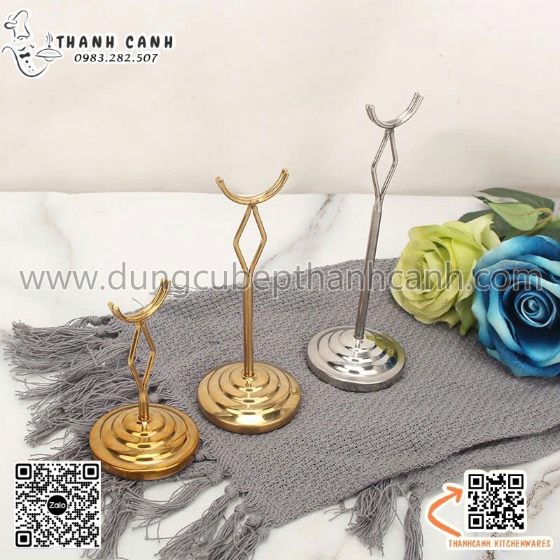 chân đế biển tên, kẹp biển tên món, kẹp inox màu vàng, chân đế name tag