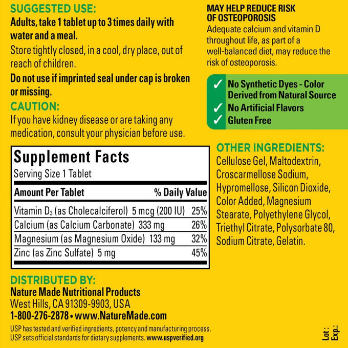 Nature Made Calcium Magnesium Zinc, Chai 300 viên