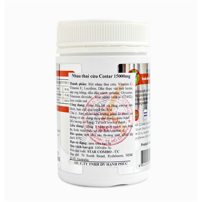 Nhau thai cừu Placenta Costar 15000mg, Hộp 100 viên