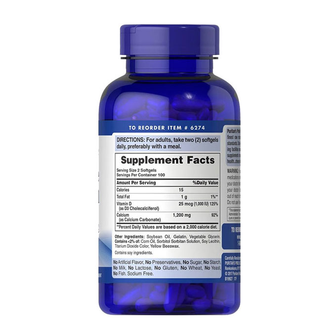 Puritan’s Pride Absorbable Calcium 1200mg Plus Vitamin D3 25 mcg, Hộp 200 viên