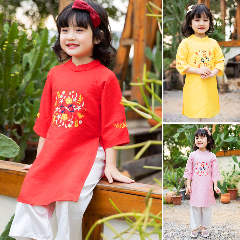 Áo dài truyền thống bé gái thêu hoa cực xinh MamLa Áo Dài Truyền Thống Bé Gái Thêu Hoa Cực Xinh Mamla