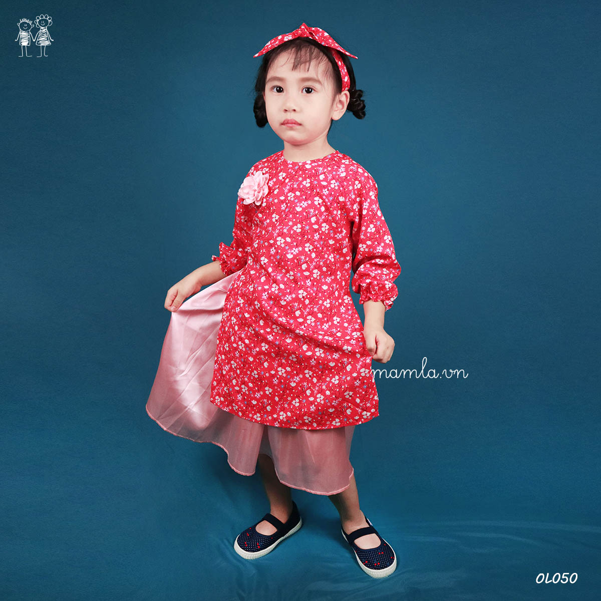 Áo dài cách tân hoa nhí màu đỏ cho bé gái áo kèm chân váy và bờm MamLa Áo Dài Cách Tân Hoa Nhí Màu Đỏ Cho Bé Gái Áo Kèm Chân Váy Và Bờm Mamla