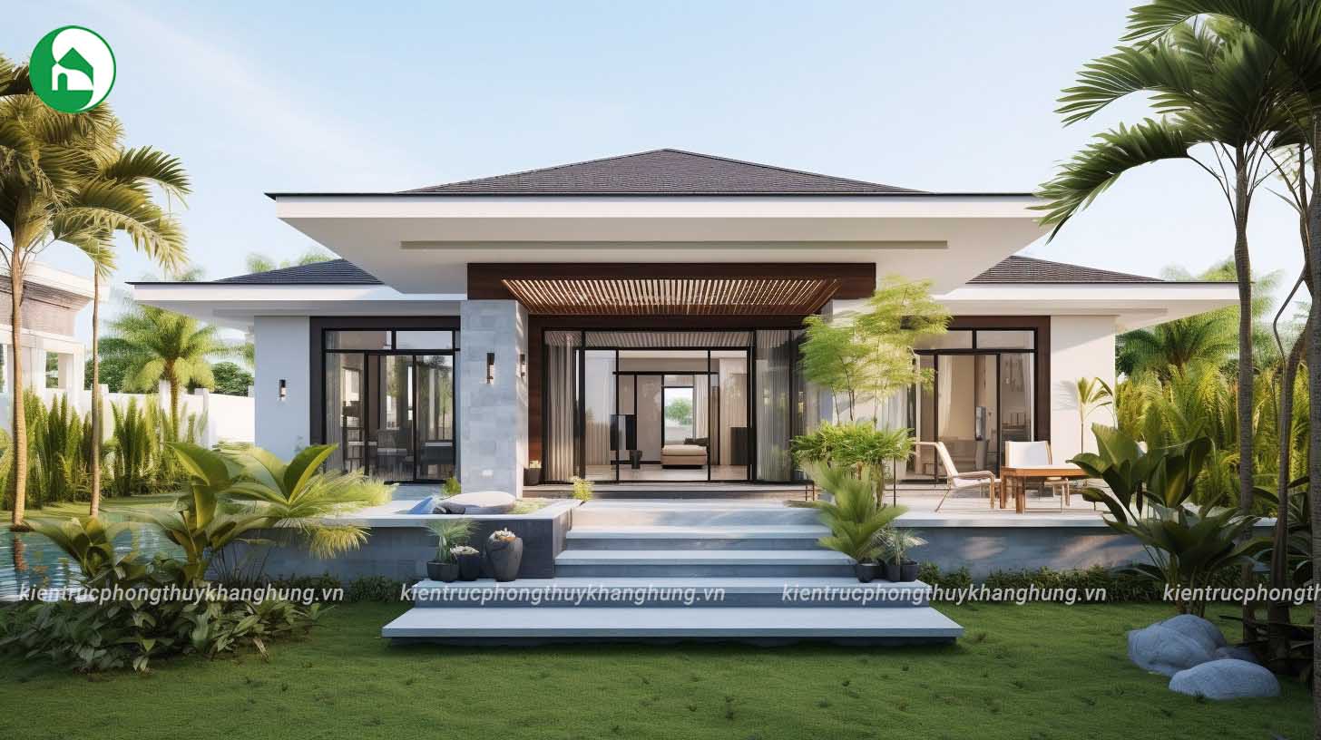 mẫu nhà mái ngói 1 tầng có sân vườn 