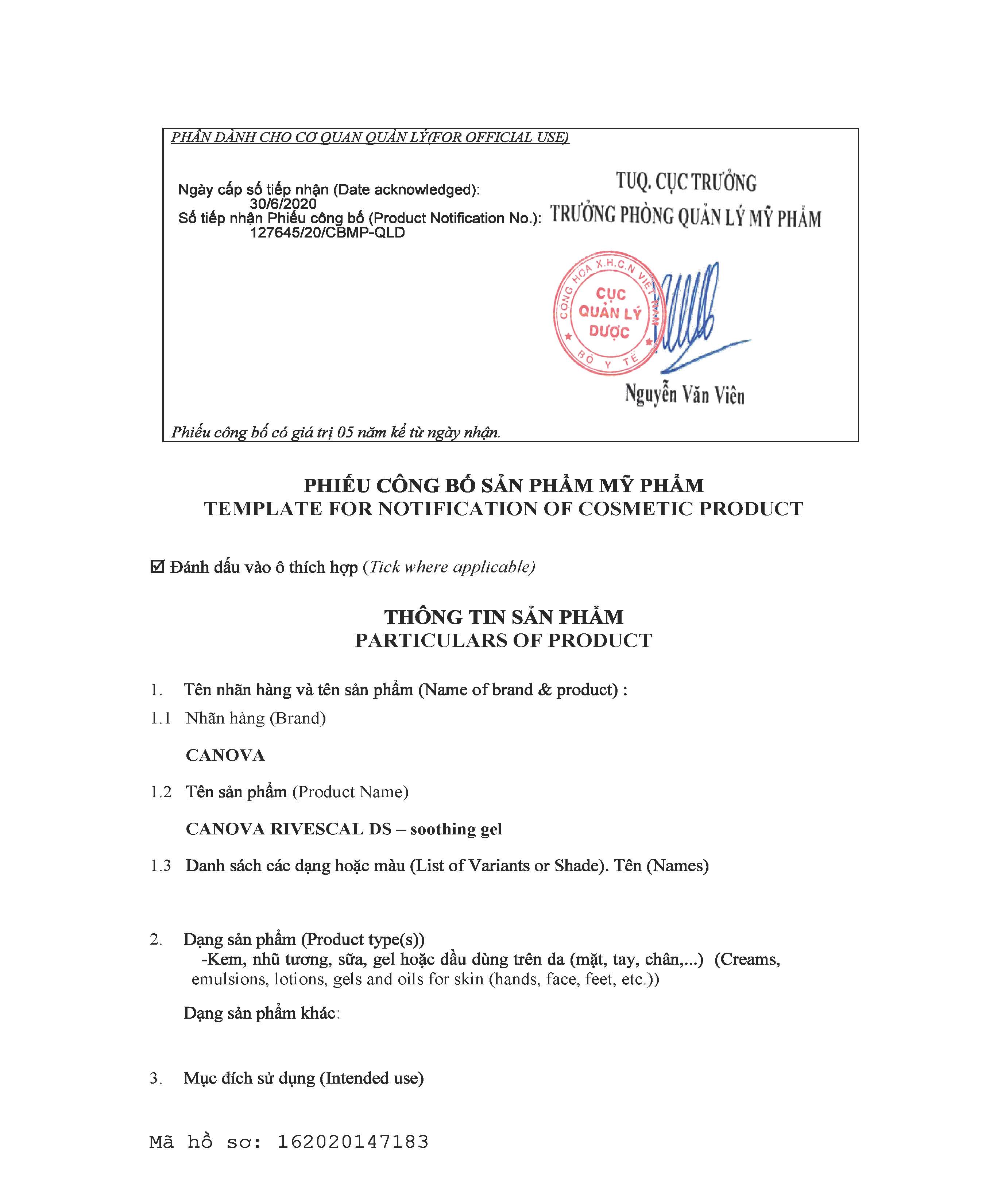 Canova Rivescal DS – Soothing Gel Publish Paper