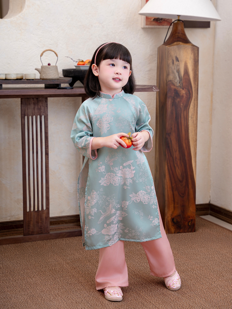 Áo dài hạc hoa hồng xanh mint