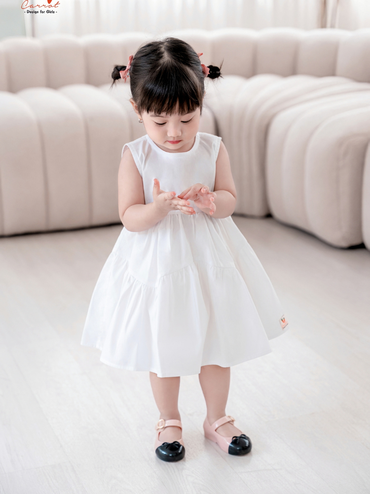 Váy đầm công chúa bé gái váy tiểu thư trắng viền nhũ xinh yêu cột nơ MamLa