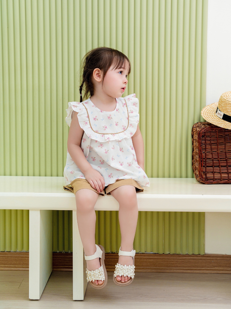 Bộ cộc cánh tiên hoa nhí hồng quần nâu tây xinh xắn
