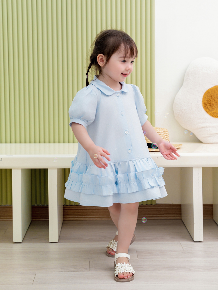 Váy xanh tay bồng chạy bèo cổ sen
