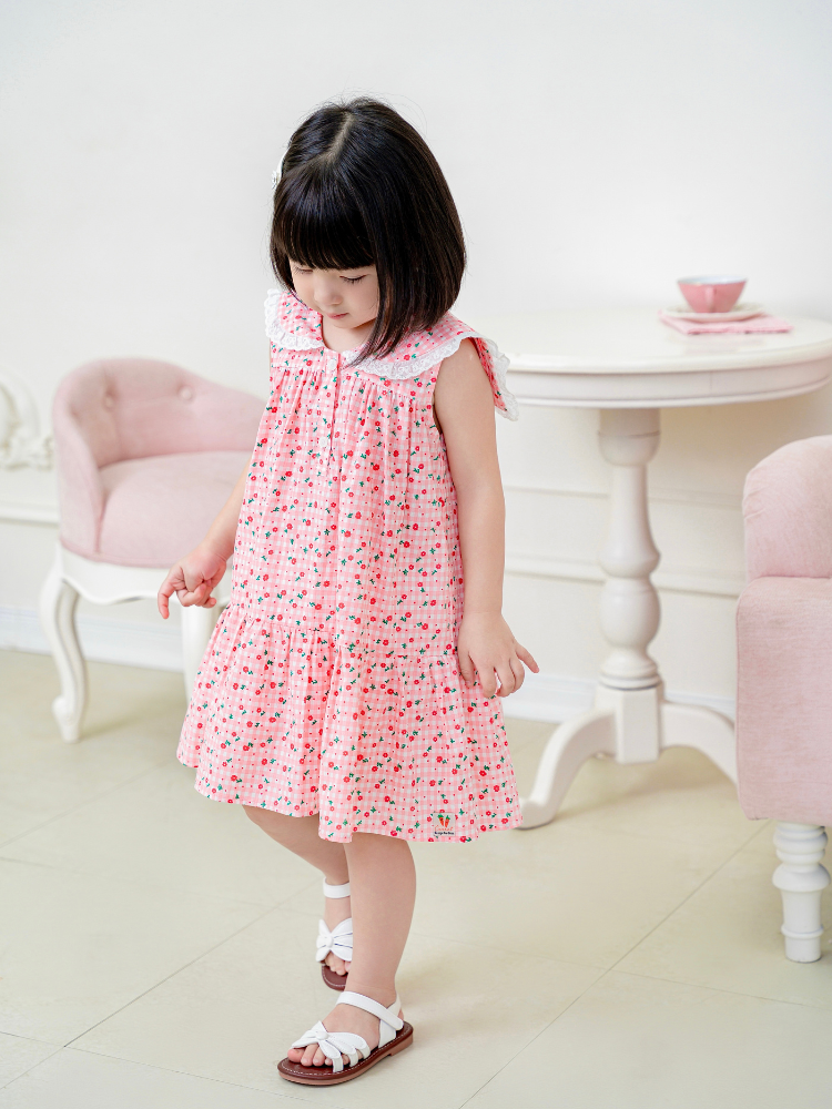 Váy sát nách caro hoa đỏ cổ thủy thủ ren