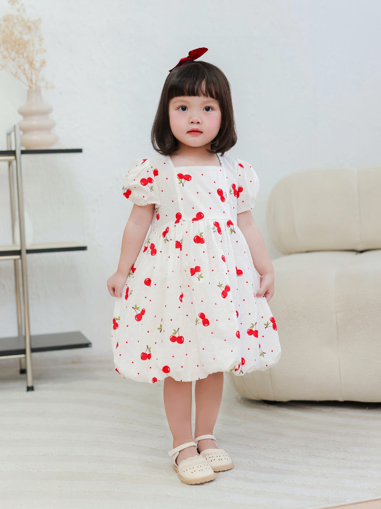 Váy cổ vuông cherry đỏ thô hạt