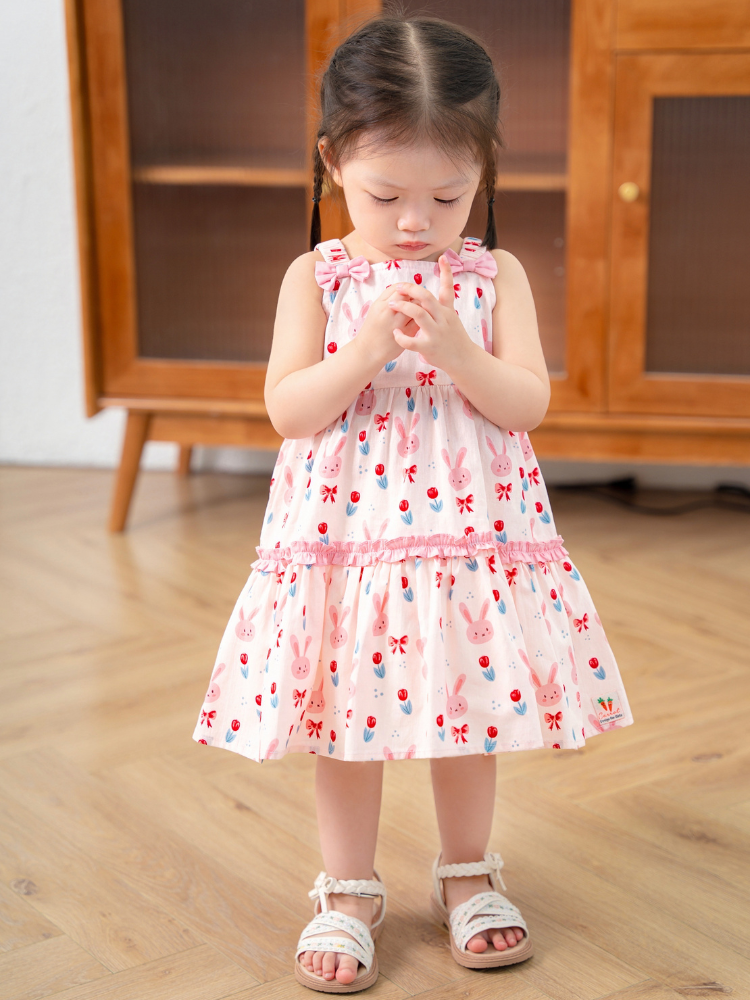 Váy 2D chun vai thỏ hồng có nơ