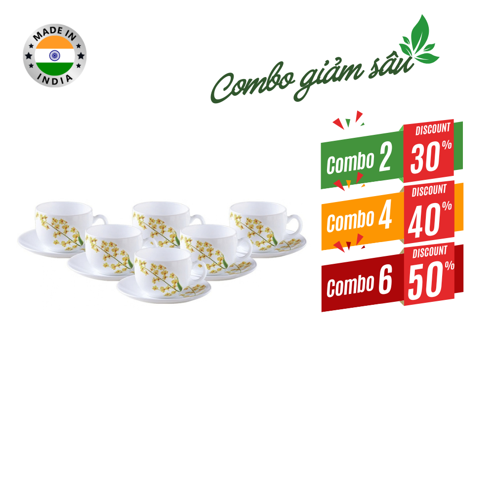 Combo giá tốt-Bộ tách đĩa trà thủy tinh 12 món 16CL Yellow Grace