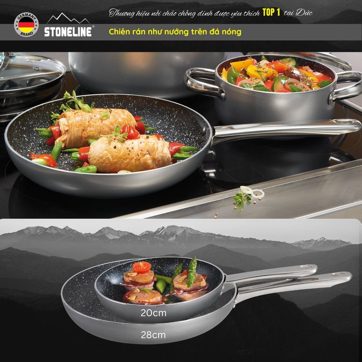 Bộ 2 chảo chống dính phủ đá thiên nhiên Stoneline Premium (20cm, 28cm)