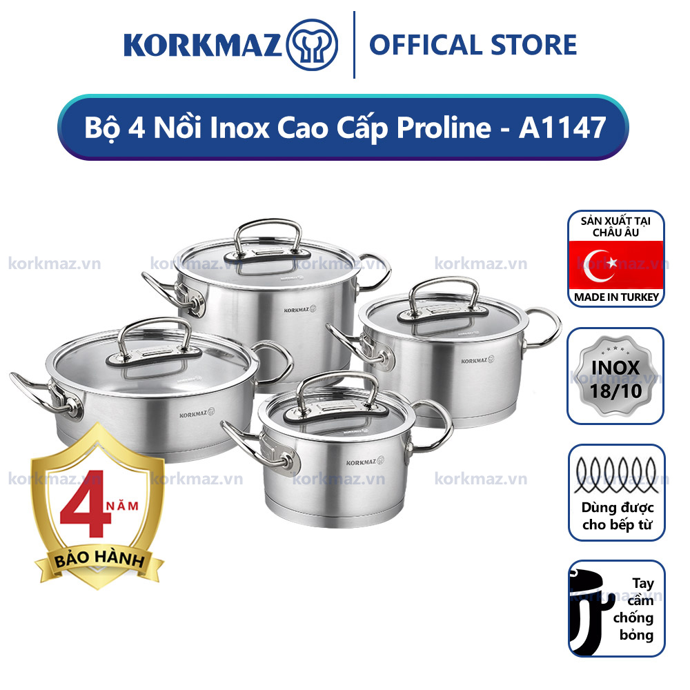 Bộ nồi bếp từ inox 4 món cao cấp Korkmaz Proline nắp kính 2l, 4l, 6.3l, 3.1l - A1147
