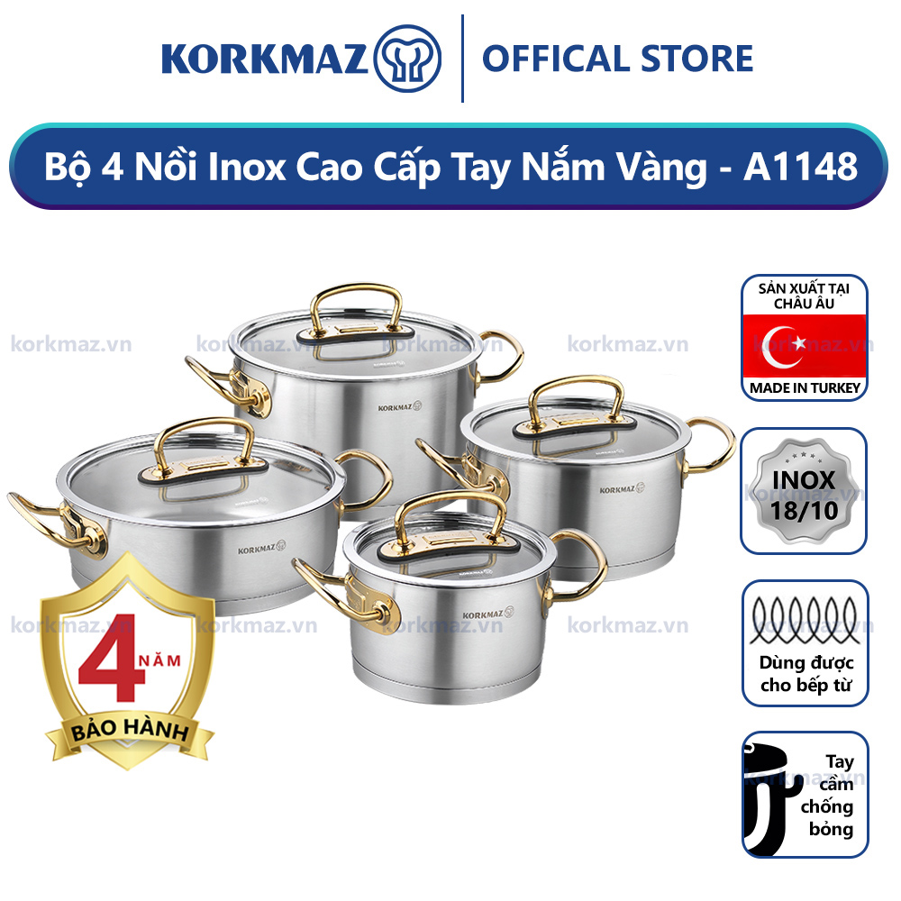 Bộ nồi bếp từ inox 4 món cao cấp Korkmaz Proline tay nắm màu vàng - A1148