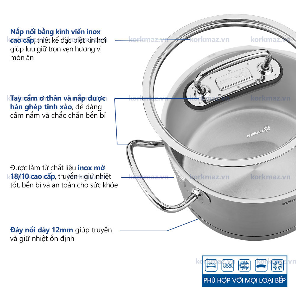 Bộ nồi bếp từ inox 4 món cao cấp Korkmaz Proline tay nắm màu vàng - A1148