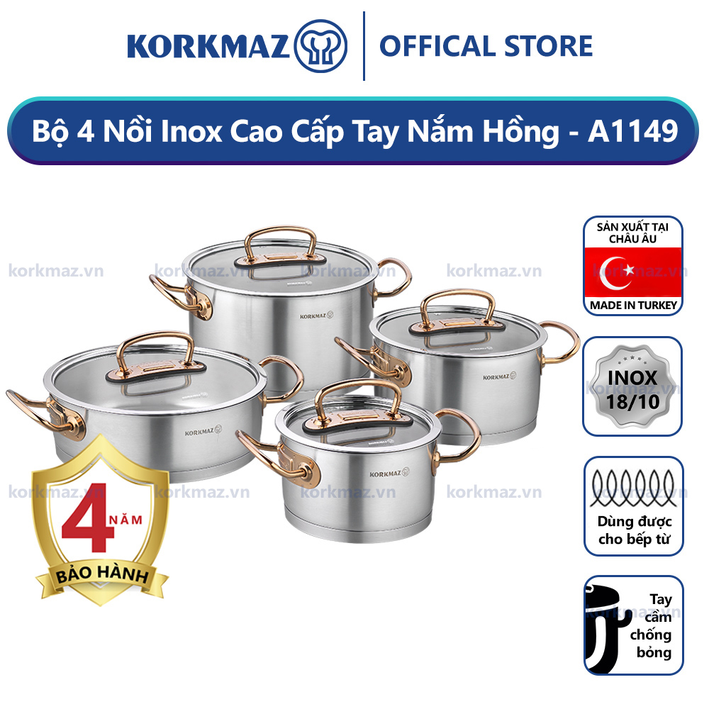 Bộ nồi bếp từ inox 4 món cao cấp Korkmaz Proline tay nắm màu hồng - A1149