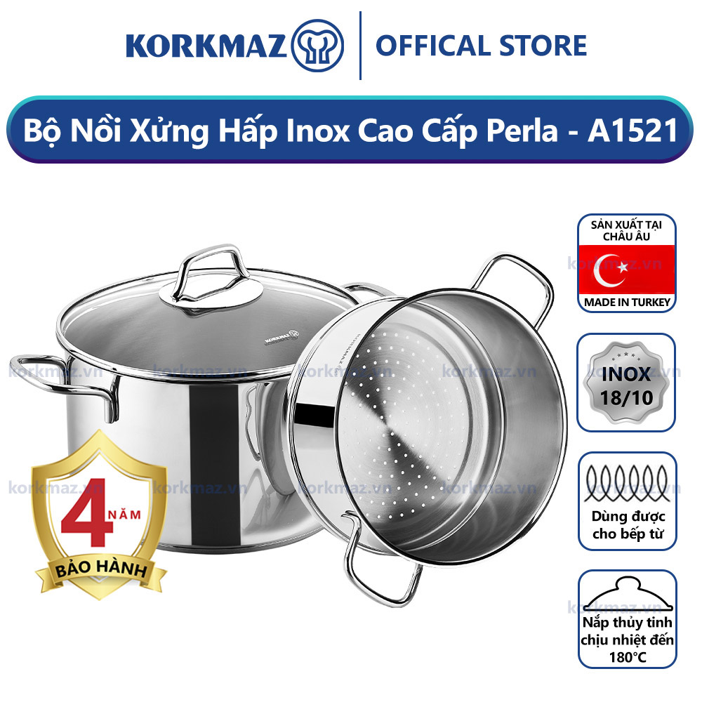 Bộ nồi xửng hấp inox cao cấp Korkmaz Perla - Ø20cm - A1521