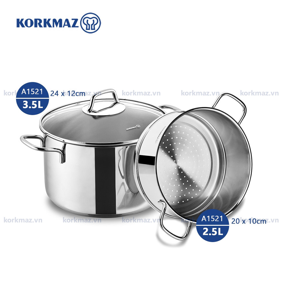 Bộ nồi xửng hấp inox cao cấp Korkmaz Perla - Ø20cm - A1521