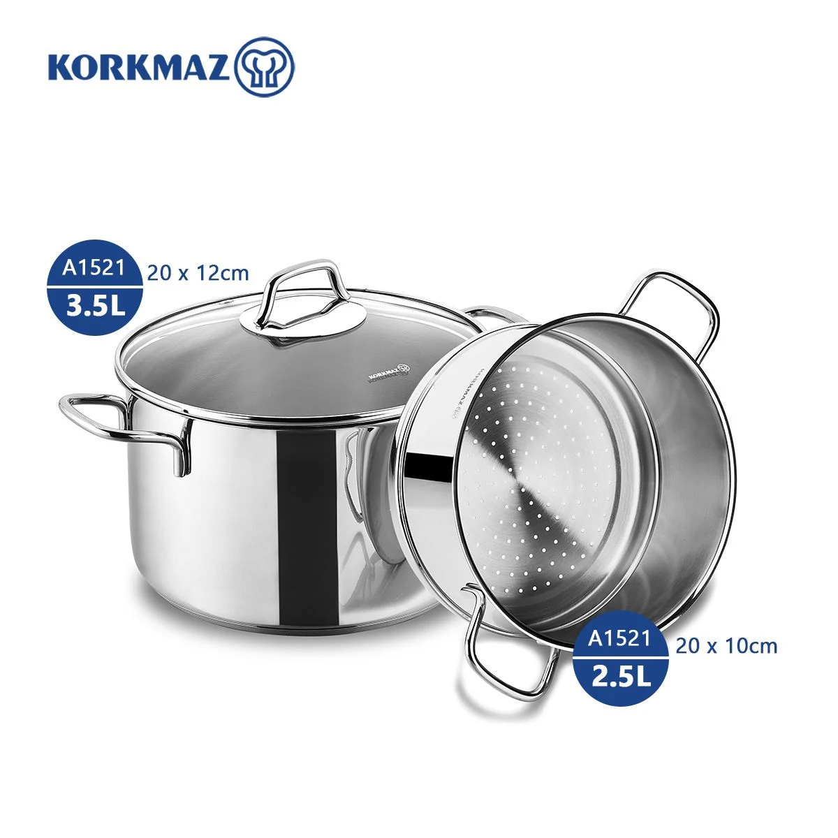 Bộ nồi xửng hấp inox cao cấp Korkmaz Perla - Ø20cm - A1521