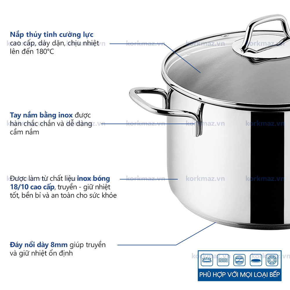 Bộ nồi bếp từ inox 4 món cao cấp Korkmaz Perla nắp kính 1.8l, 3.5l, 5.5l, 3l - A1606