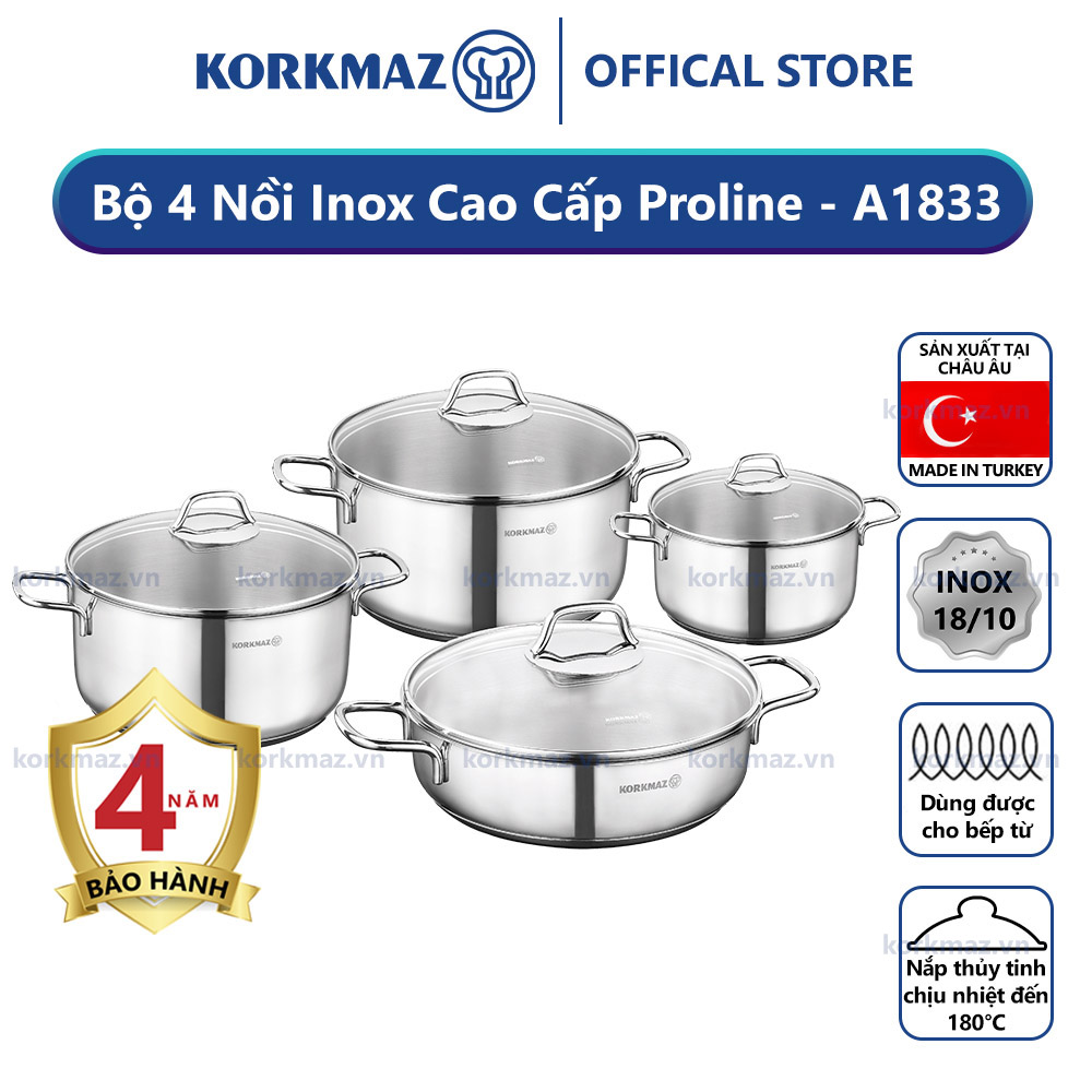 Bộ nồi bếp từ inox 4 món cao cấp Korkmaz Perla nắp kính 1.8l, 3.5l, 5.5l, 3l - A1606