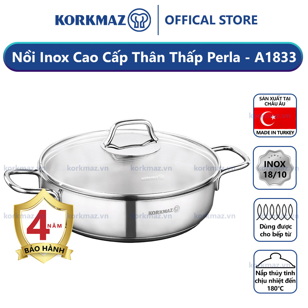 Nồi lẩu inox nấu bếp từ cao cấp Korkmaz Perla 2.3 lít thân thấp - Ø22x6cm - A1833