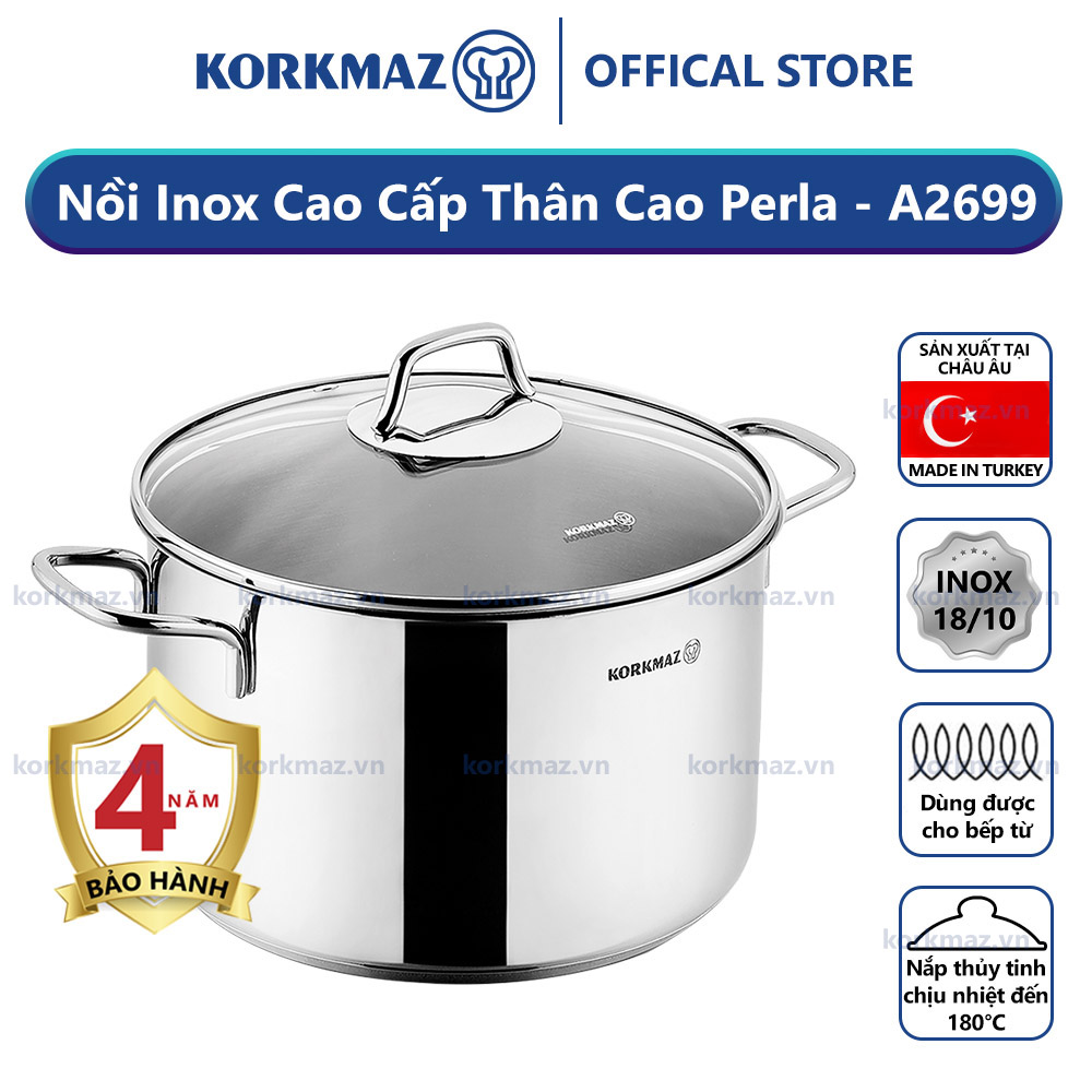 Nồi nấu bếp từ inox cao cấp Korkmaz Perla 7.8 lít thân cao - Ø24x17cm - A2699