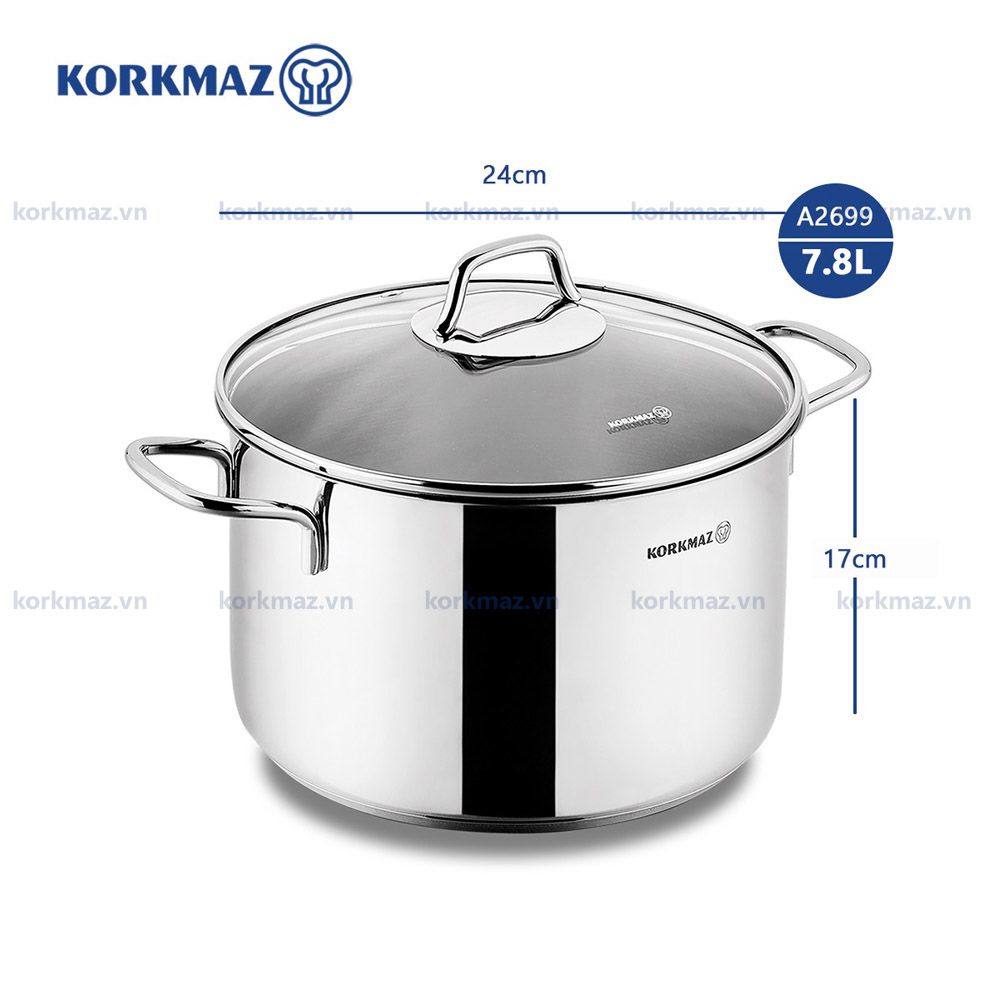 Nồi nấu bếp từ inox cao cấp Korkmaz Perla 7.8 lít thân cao - Ø24x17cm - A2699