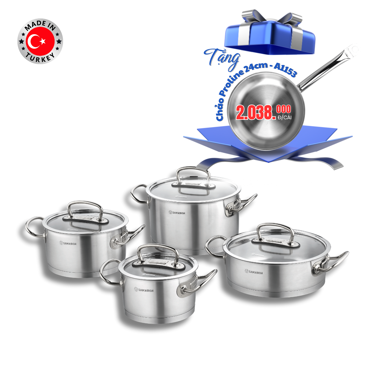 Bộ nồi bếp từ inox 4 món cao cấp Korkmaz Proline nắp kính 2l, 4l, 6.3l, 3.1l - A1147