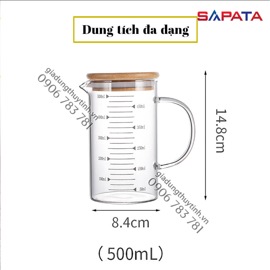 Combo 2 ca lường, ly đong thủy tinh có quai 500ml nắp tre - SAPATA