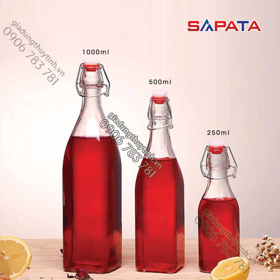 Chai thủy tinh vuông nắp cài 1000ml - SAPATA