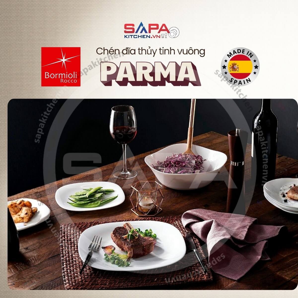 Đĩa thủy tinh vuông lớn Parma 27 cm