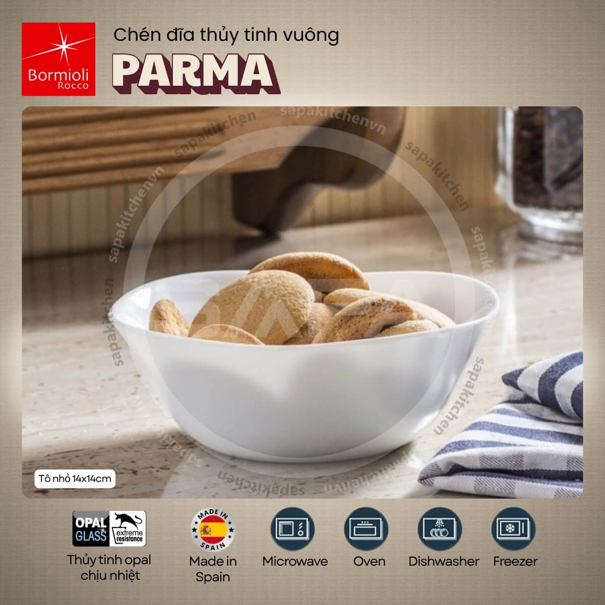 Tô thủy tinh vuông nhỏ Parma 14 cm