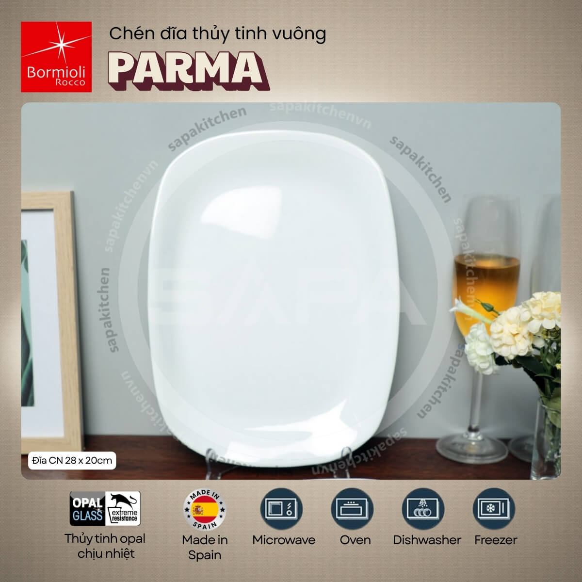 Đĩa thủy tinh chữ nhật trung Parma 20 x 28 cm