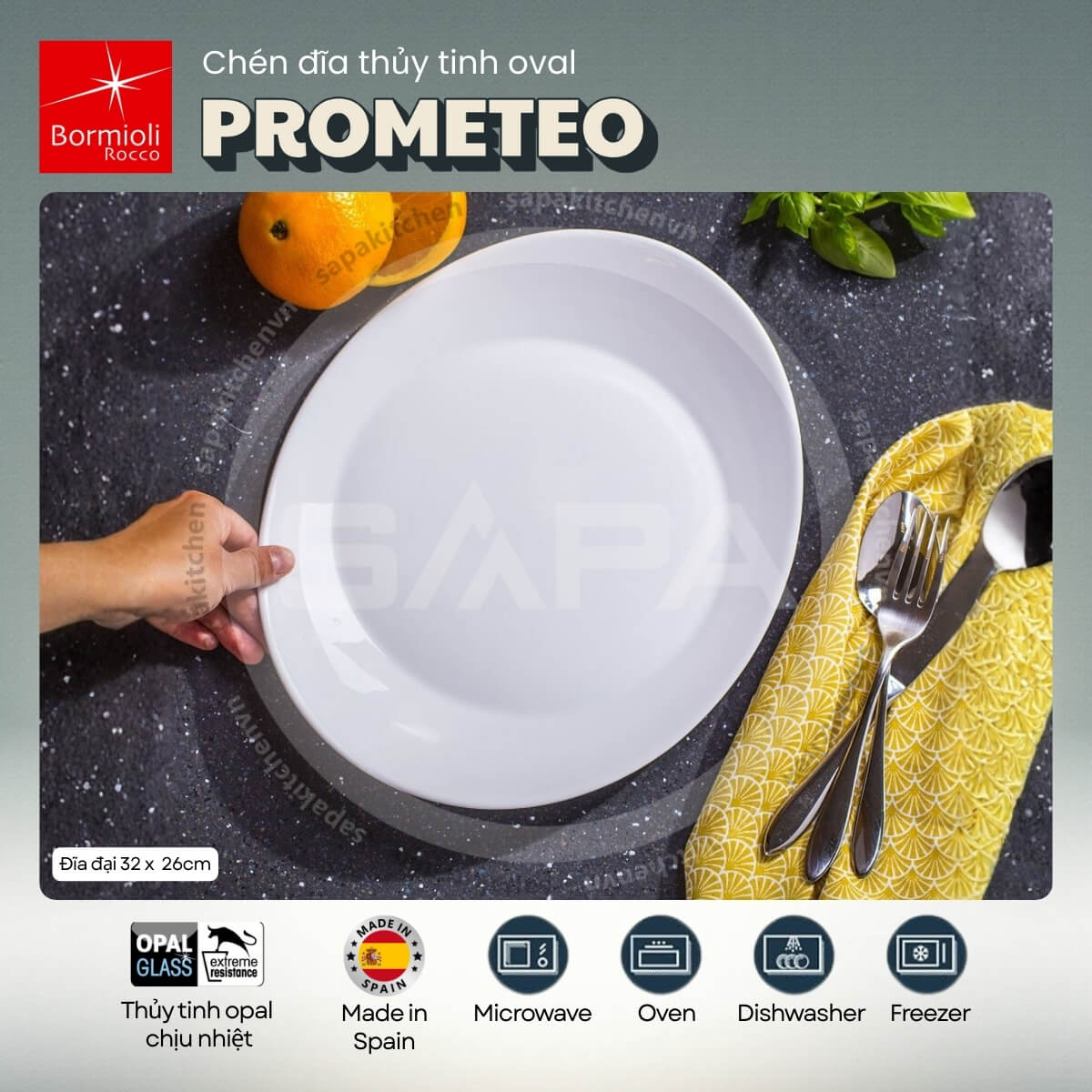 Đĩa thủy tinh oval lớn Prometeo 32 x 26 cm