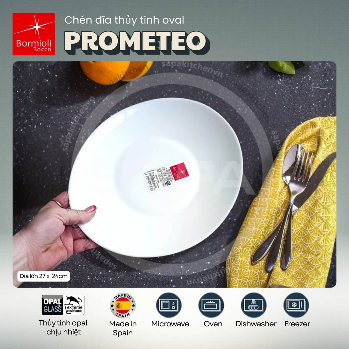 Đĩa thủy tinh oval lớn Prometeo 27 x 24 cm