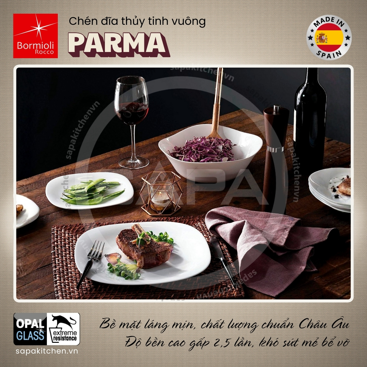 Bộ chén đĩa thủy tinh vuông Parma 12 món