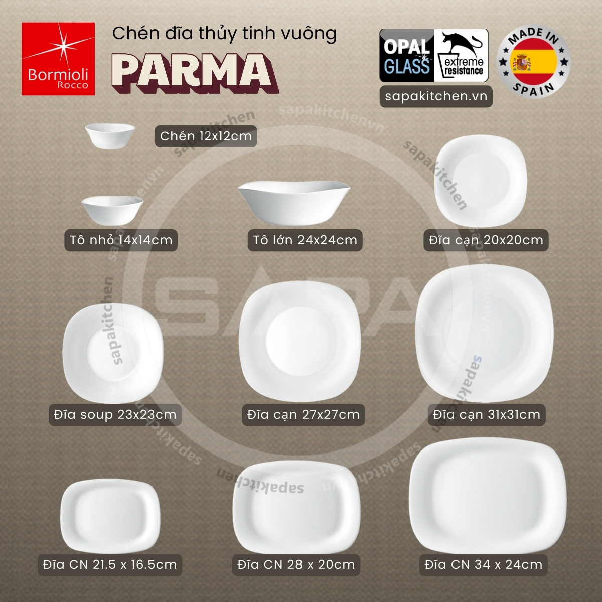 Bộ chén đĩa thủy tinh vuông Parma 12 món