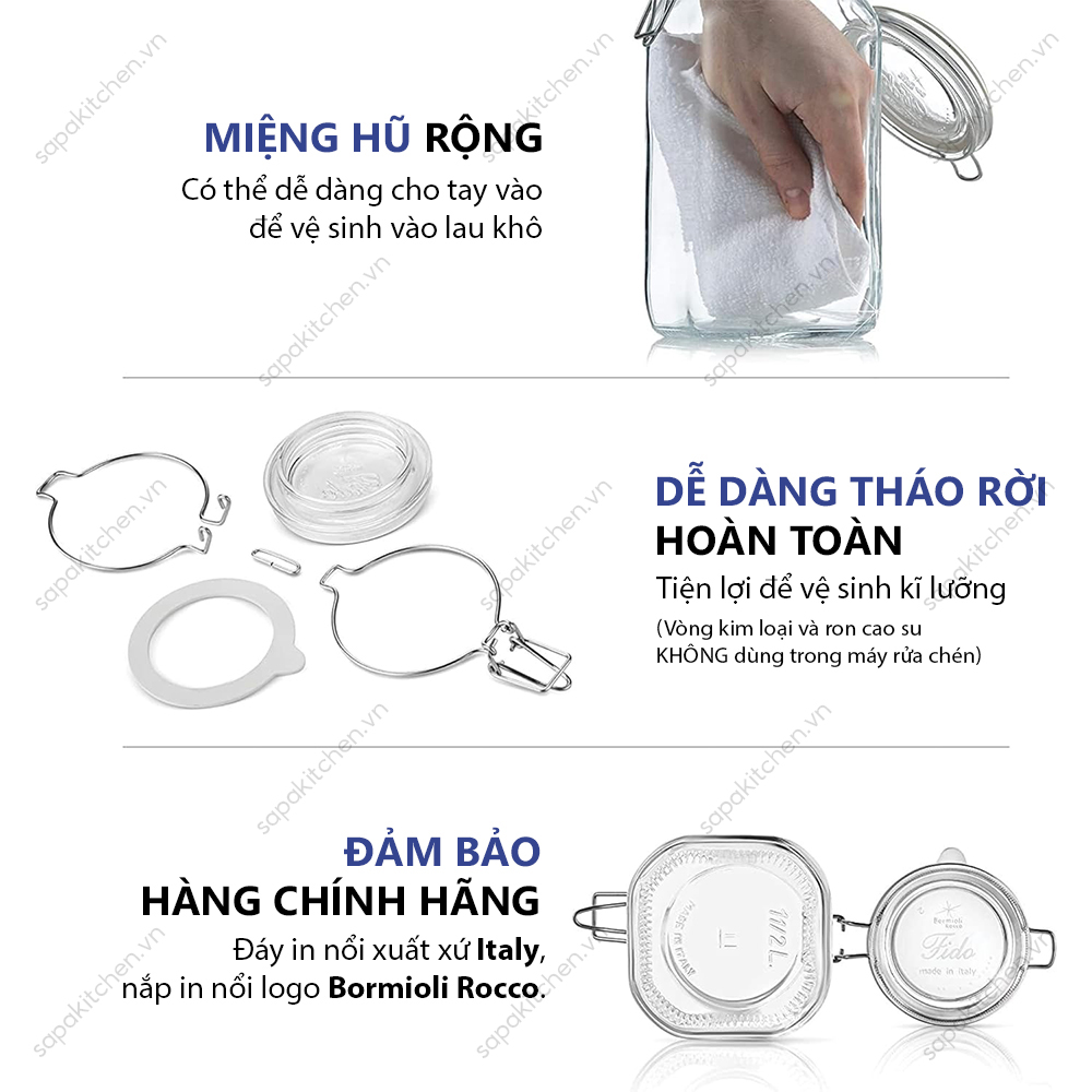 Hũ thủy tinh nắp cài kín hơi đựng mì ý Fido 1360ml