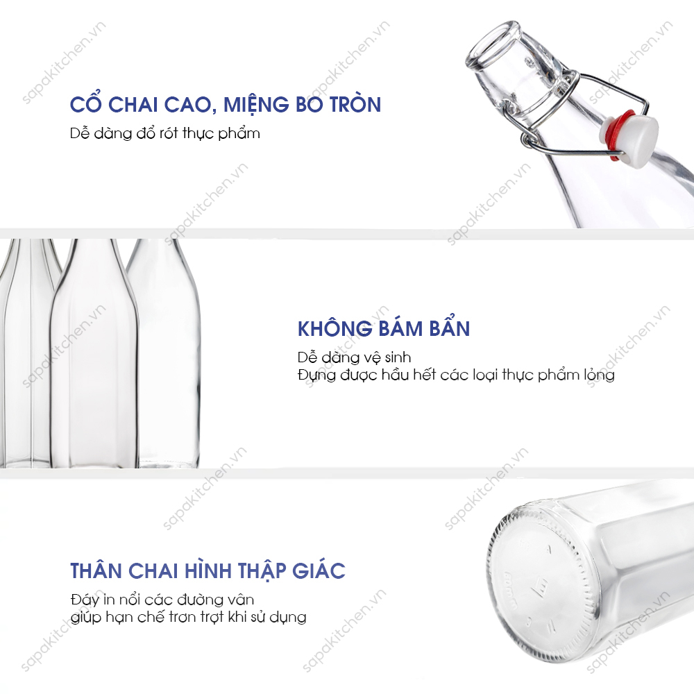 Chai thủy tinh thập giác nắp cài kín hơi Oxford 1L